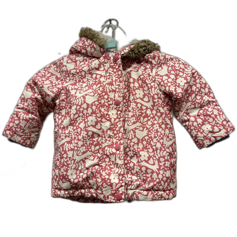 Baby Boden Pink & White Floral Puffer Jacket with Faux Fur Hood